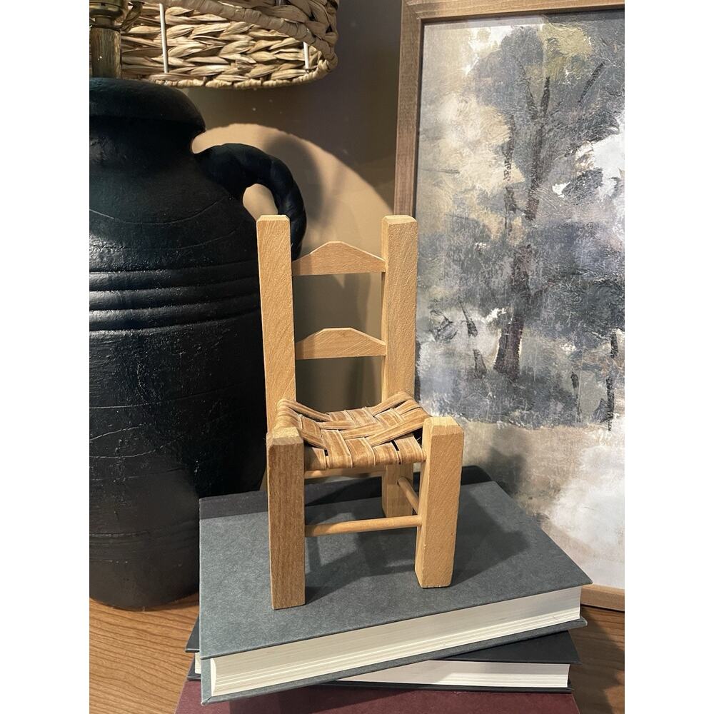 Rustic Wooden Mini Doll Chair Small Woven Chair Wooden Decor Farmhouse Cottage